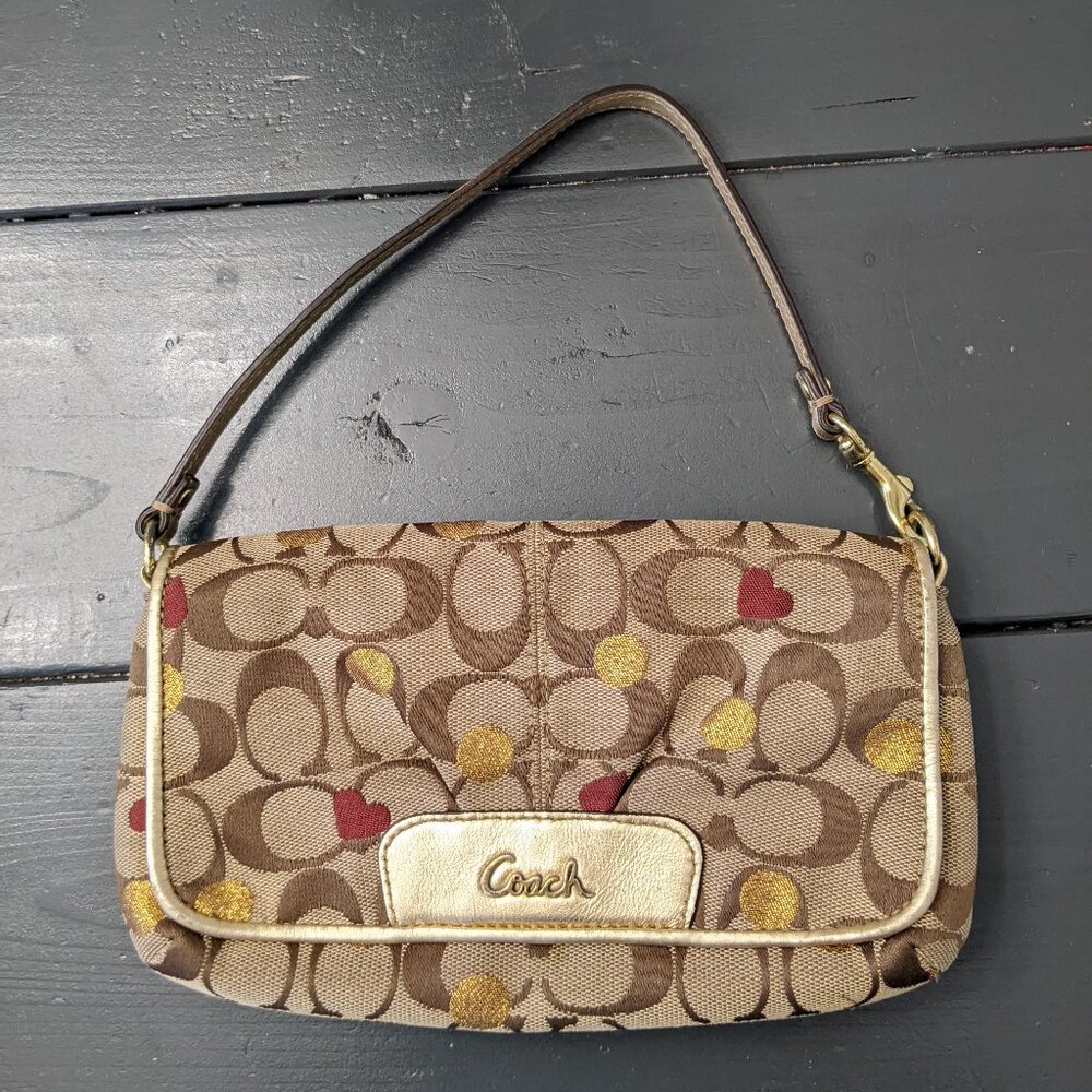 Coach Secret Admirer Hearts Gold Red Tan Small Purse Bag